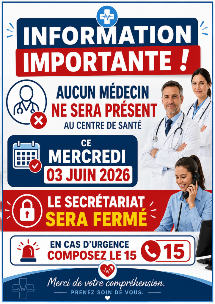Fermeture du centre de santé Filiéris mercredi 3 juin 2026