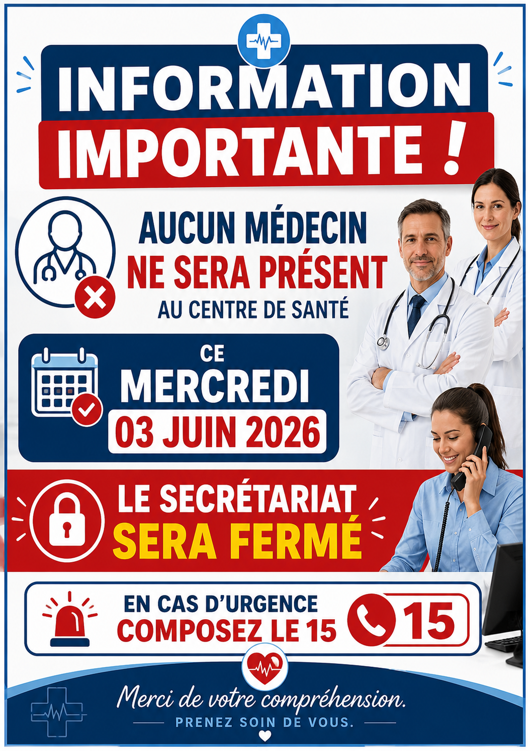 Fermeture du centre de santé Filiéris mercredi 3 juin 2026