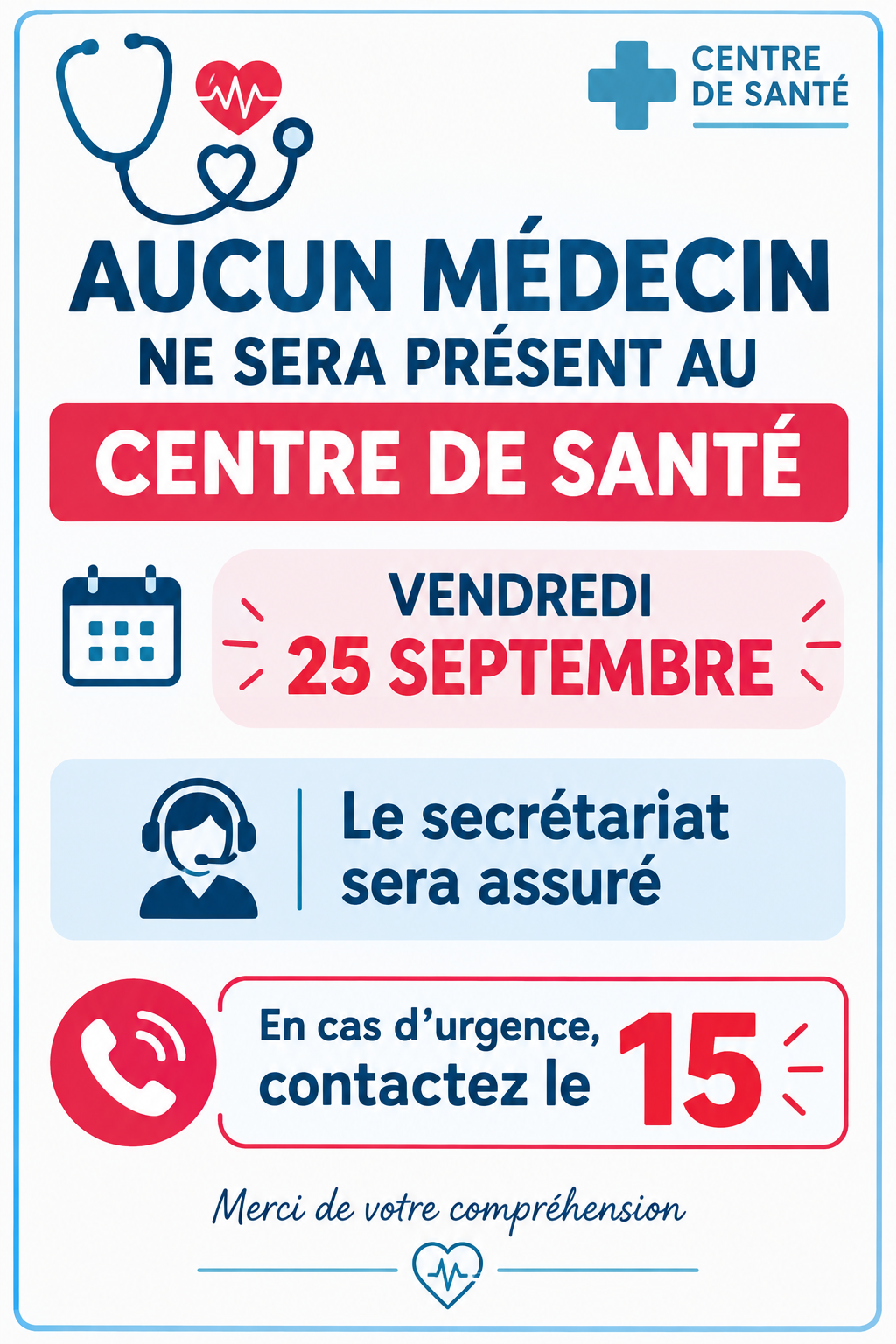 ABSENCE MEDICALE SUR LE CENTRE DE SANTE FILIERIS